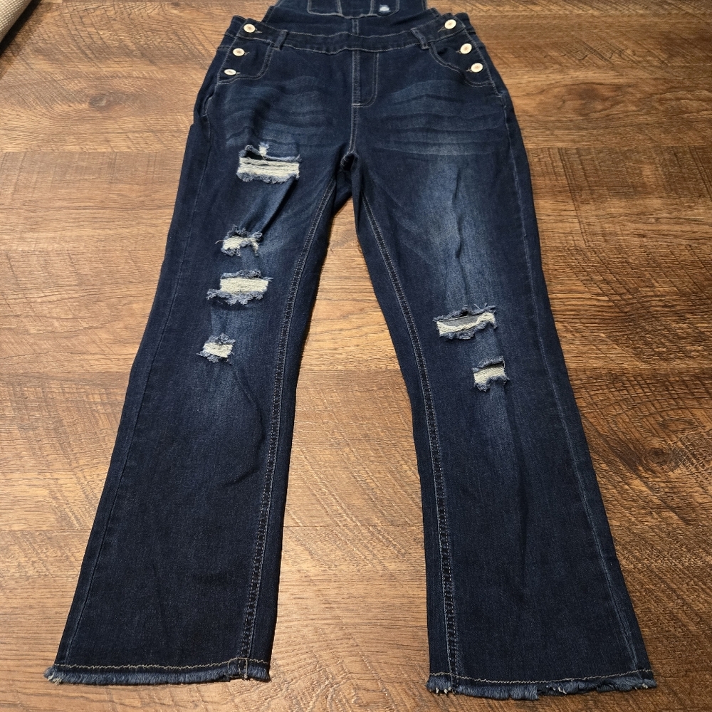 Denim Overalls Jeans Distressed Raw Hem Bootcut Dark Wash Cotton Stretch Farm S - Picture 4 of 13
